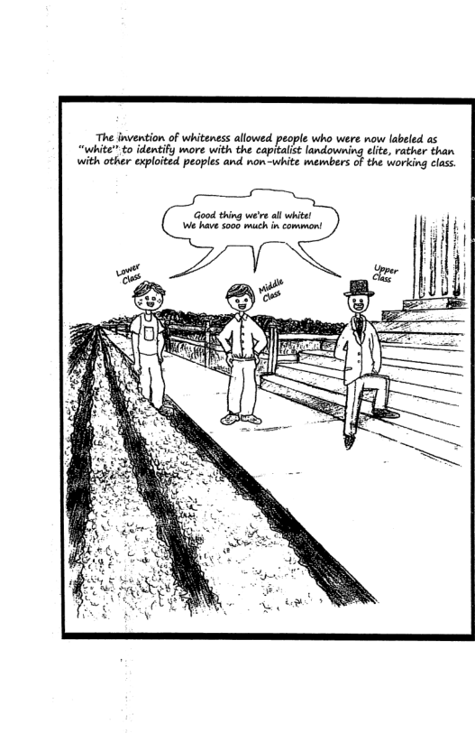 “The iivention of whiteness allowed people who were now labeled as “white” to identify wore with the capitalist landowning elite, rather than with ather exploited peoples and non-white members of the working class.  Good thing we’re all white! e have 5000 mch in common!  